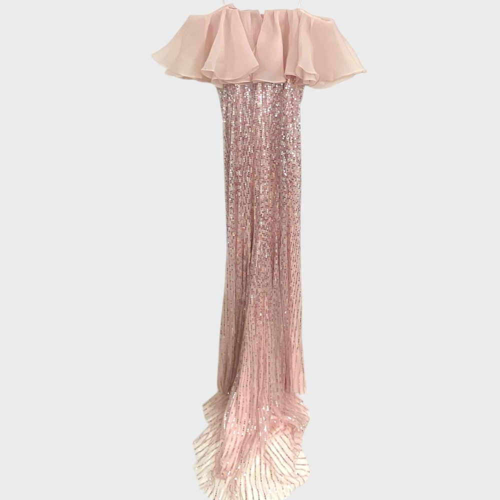 Jenny Packham NWT $6500 Pink Sequin Strapless Chiffon Gown Removable Cape - Picture 6 of 13